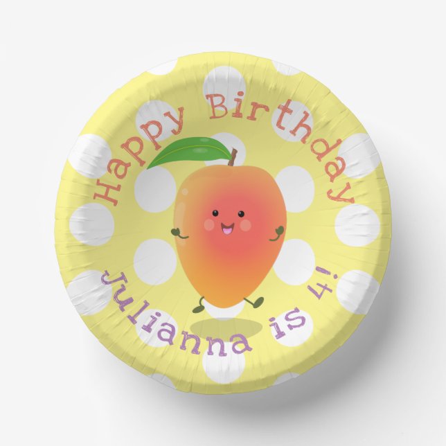 Cute mango yellow personalised cartoon birthday paper plate (Front)