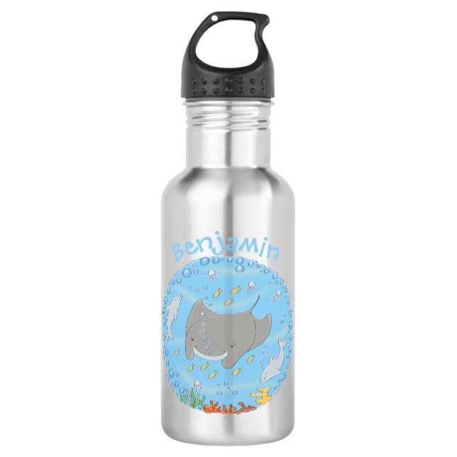 Cute manta ray and bubbles cartoon illustration 532 ml water bottle (Front)