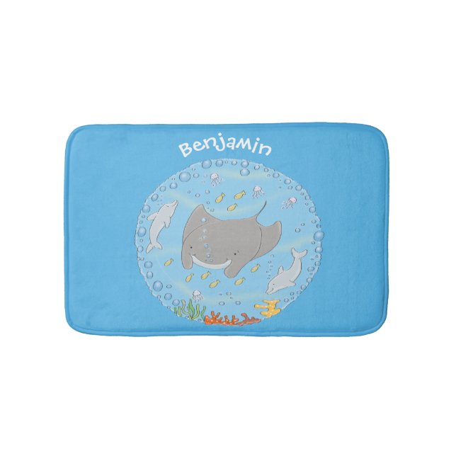 Cute manta ray and bubbles cartoon illustration bath mat (Front)
