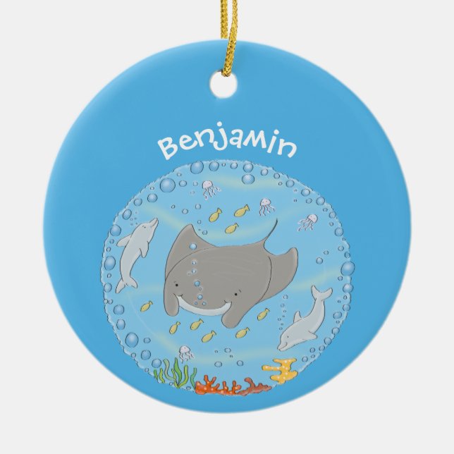 Cute manta ray and bubbles cartoon illustration ceramic ornament (Front)