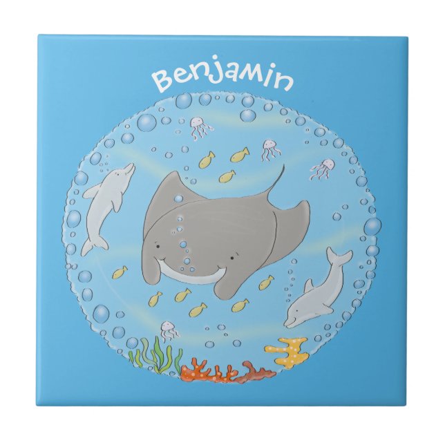 Cute manta ray and bubbles cartoon illustration ceramic tile (Front)