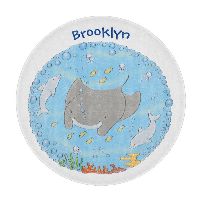 Cute manta ray and bubbles cartoon illustration cutting board (Front)