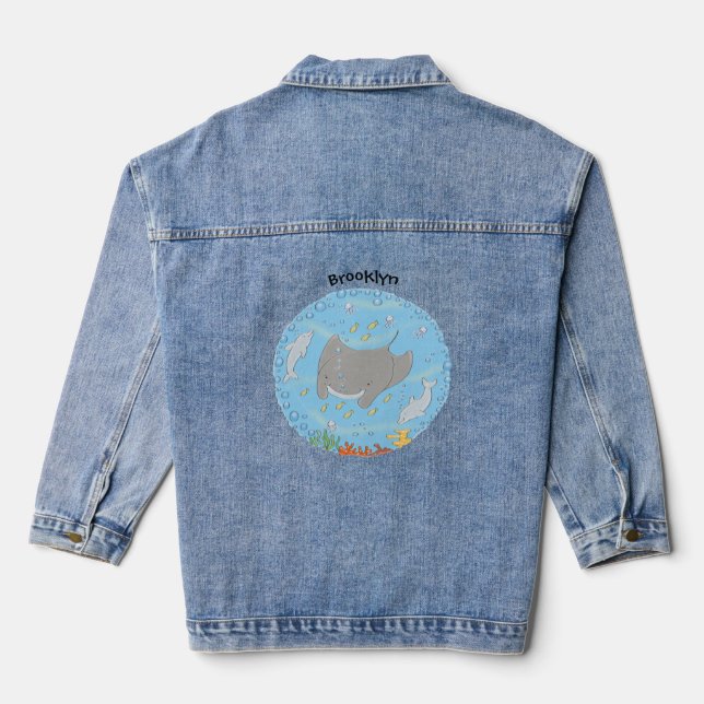 Cute manta ray and bubbles cartoon illustration denim jacket (Back)