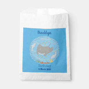 Cute manta ray and bubbles cartoon illustration favour bag