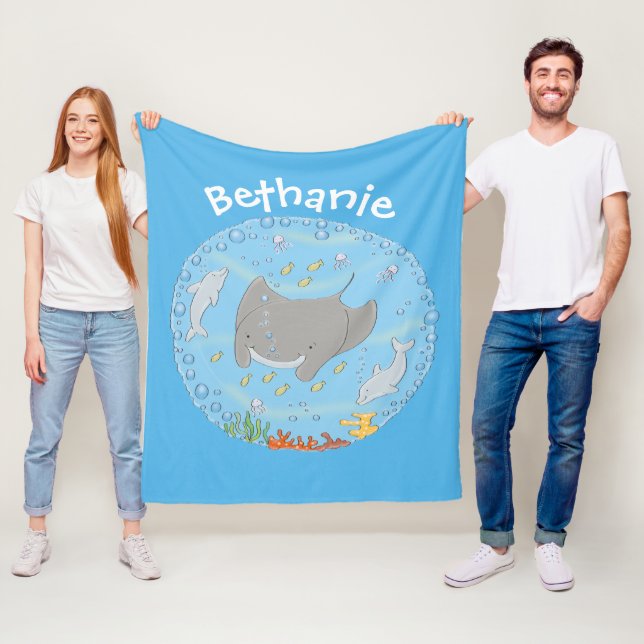 Cute manta ray and bubbles cartoon illustration fleece blanket (In Situ)