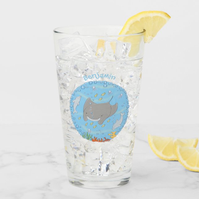 Cute manta ray and bubbles cartoon illustration glass (Back Ice)