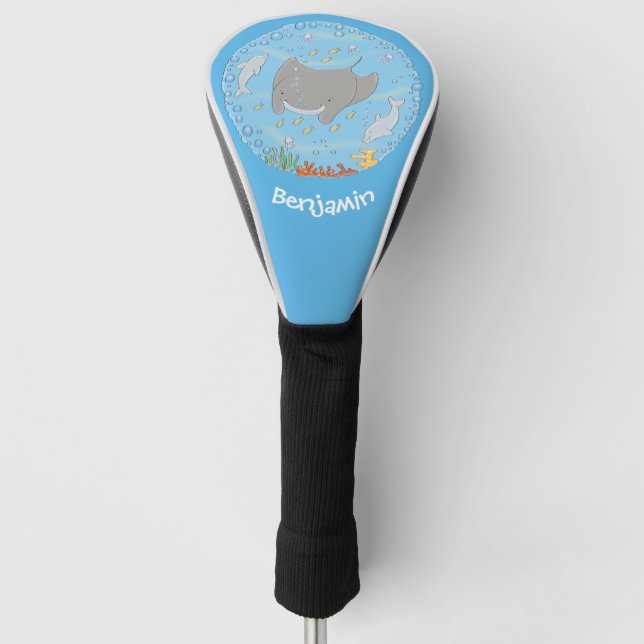 Cute manta ray and bubbles cartoon illustration golf head cover (Front)