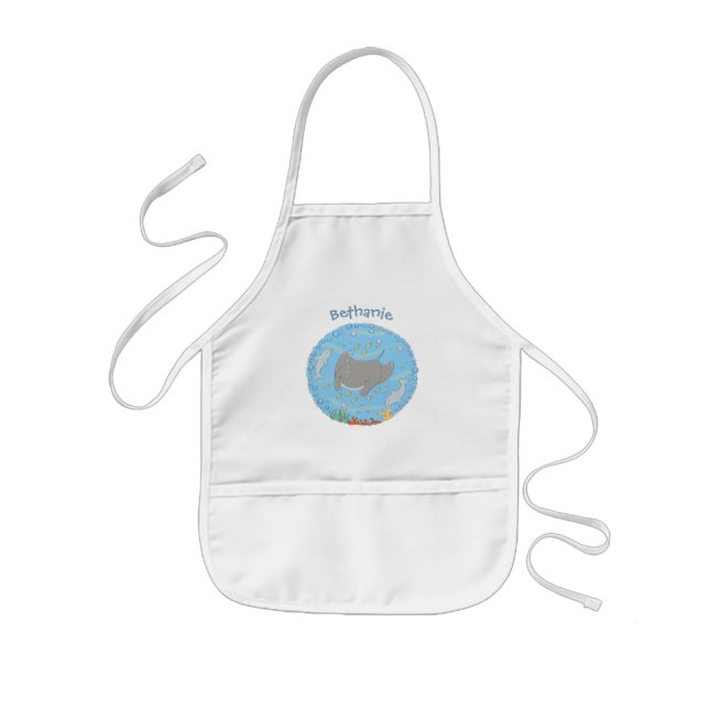 Cute manta ray and bubbles cartoon illustration kids apron (Front)