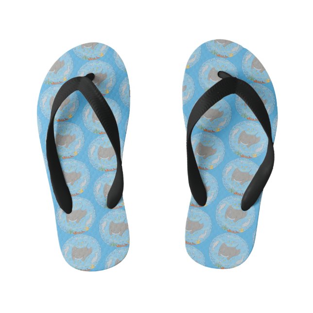 Cute manta ray and bubbles cartoon illustration kid's thongs (Footbed)