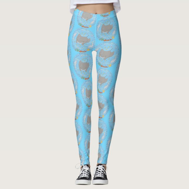 Cute manta ray and bubbles cartoon illustration leggings (Front)