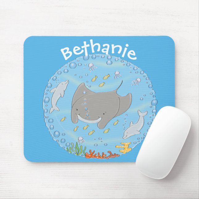 Cute manta ray and bubbles cartoon illustration mouse pad (With Mouse)