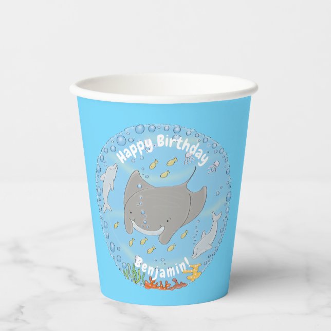 Cute manta ray and bubbles cartoon illustration paper cups (Front)