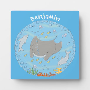 Cute manta ray and bubbles cartoon illustration plaque