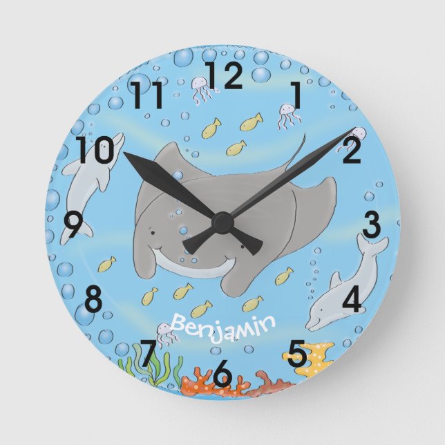 Cute manta ray and bubbles cartoon illustration round clock (Front)