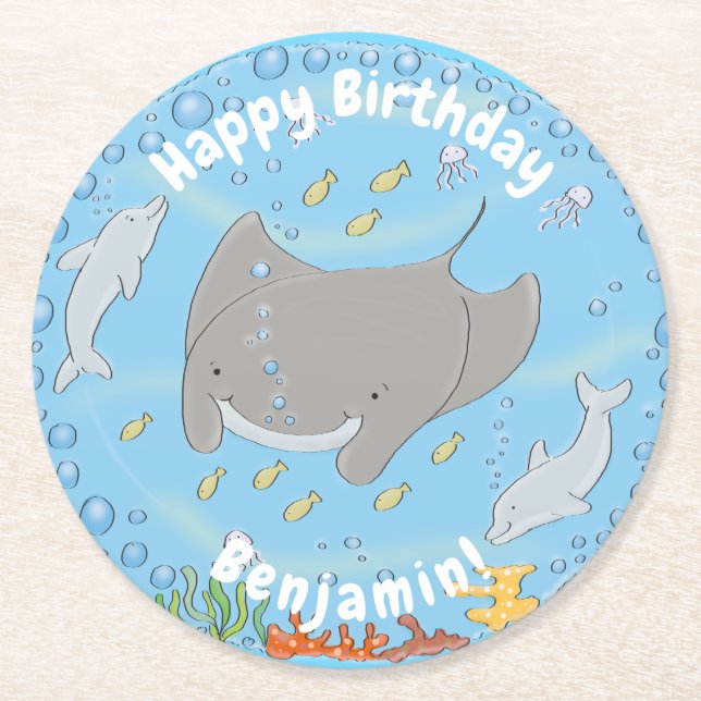 Cute manta ray and bubbles cartoon illustration round paper coaster (Front)