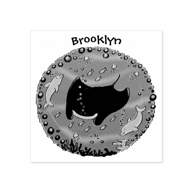 Cute manta ray and bubbles cartoon illustration rubber stamp (Imprint)