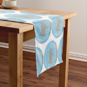 Cute manta ray and bubbles cartoon illustration short table runner