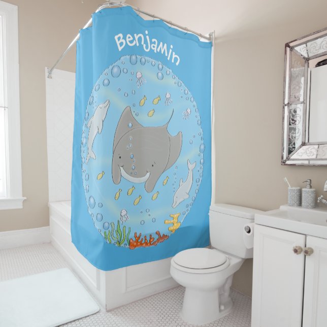 Cute manta ray and bubbles cartoon illustration shower curtain (In Situ)