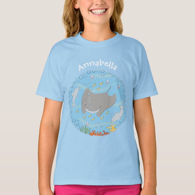Cute manta ray and bubbles cartoon illustration T-Shirt (Front)