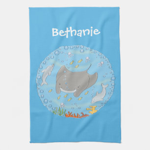 Cute manta ray and bubbles cartoon illustration tea towel