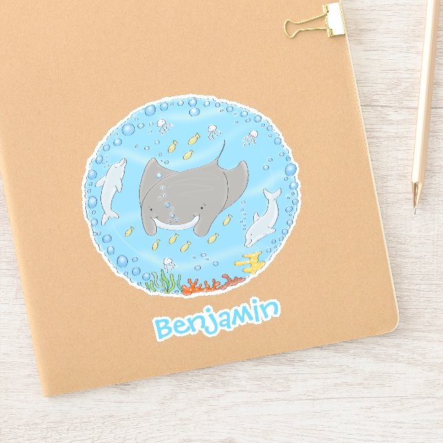 Cute manta ray and dolphins cartoon illustration (Notebook)
