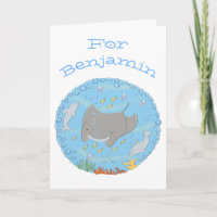 Cute manta ray and dolphins cartoon illustration