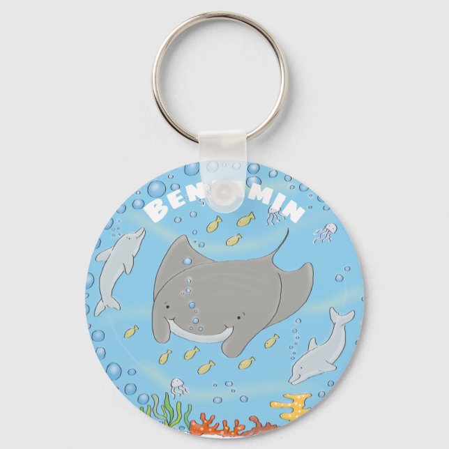 Cute manta ray and dolphins cartoon illustration key ring (Front)
