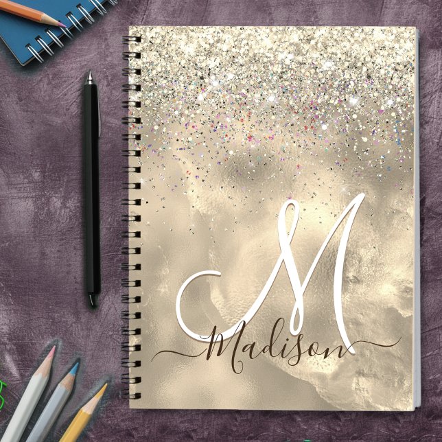 Cute marble art gold faux glitter monogram notebook (Creator Uploaded)