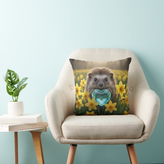 Cute March Hedgehog with Aquamarine Heart Cushion (Chair)