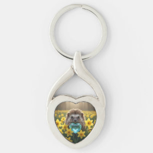 Cute March Hedgehog with Aquamarine Heart Key Ring