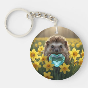 Cute March Hedgehog with Aquamarine Heart Key Ring