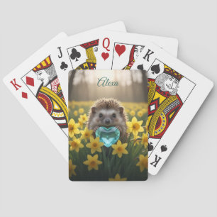 Cute March Hedgehog with Aquamarine Heart Playing Cards