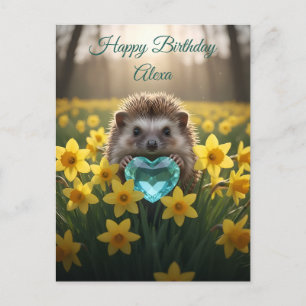 Cute March Hedgehog with Aquamarine Heart Postcard