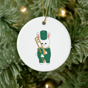 Cute Marching Bunny Trombone Green Gold Band Ceramic Ornament