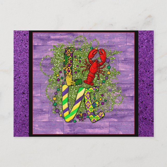 Cute Mardi Gras Love Beads Crawfish Purple Postcard (Front)