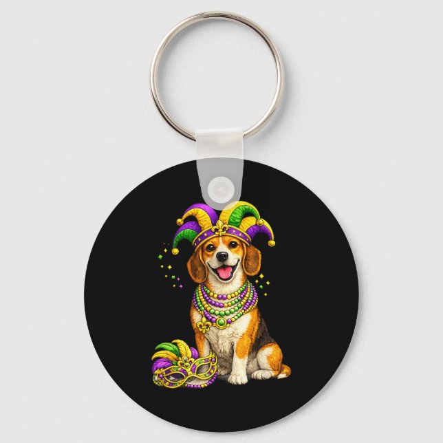 Cute Mardi Gras Themed Beagle Dog  Key Ring (Front)