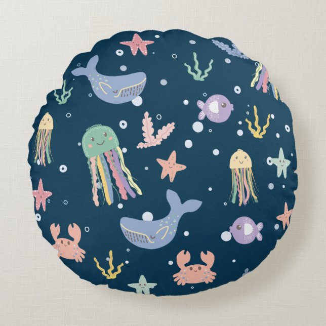 Cute Marine Life Seamless Pattern Round Cushion (Front)