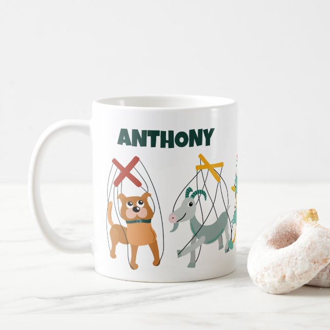 Cute Marionette Puppets Puppeteers Personalised Coffee Mug (With Donut)