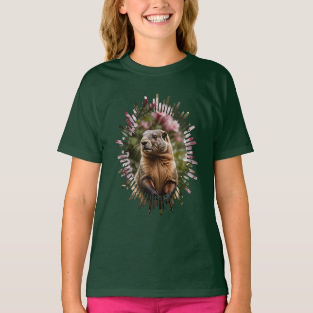 Cute Marmot With Pink Rhododendron Background T-Shirt (Front)
