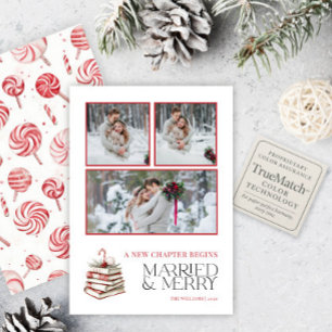 Cute Married & Merry Red Candy Cane 3 Photo Holiday Card
