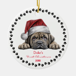 Cute Mastiff Dog Santa Hat Paw 1st Christmas Ceramic Ornament