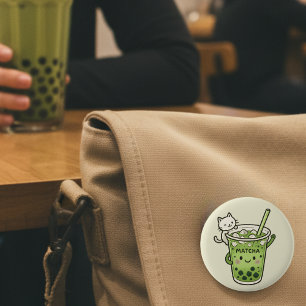 Cute Matcha Bubble Tea with Cat Kawaii Iced Drink 6 Cm Round Badge
