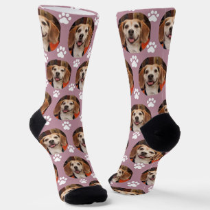 Cute Mauve Pet Photo & Paw Prints Dog or Cat Socks