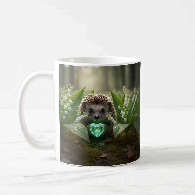 Cute May Hedgehog with Emerald Heart Coffee Mug (Left)