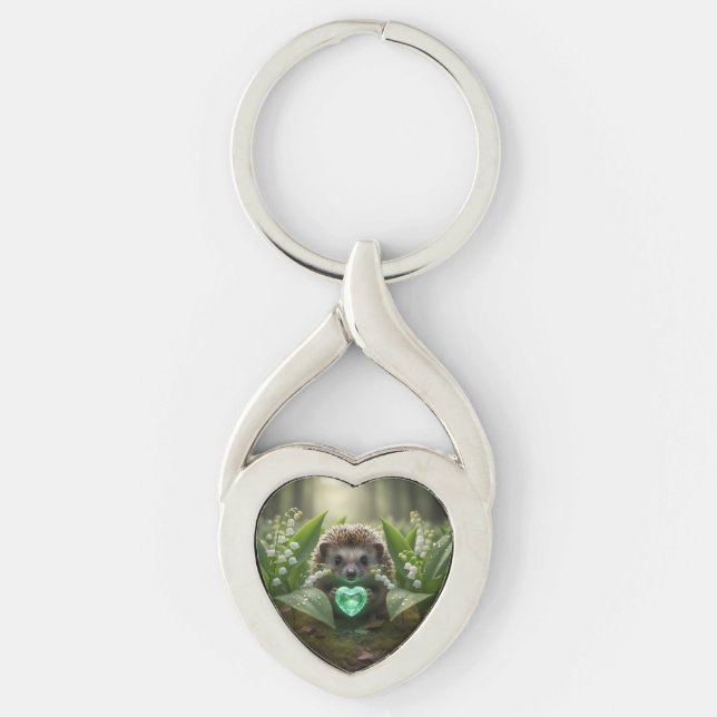 Cute May Hedgehog with Emerald Heart Key Ring (Front)