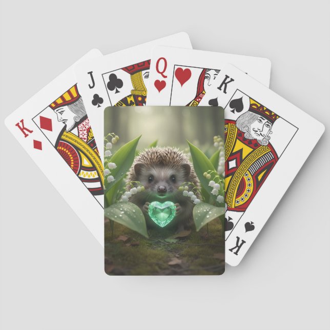 Cute May Hedgehog with Emerald Heart Playing Cards (Back)