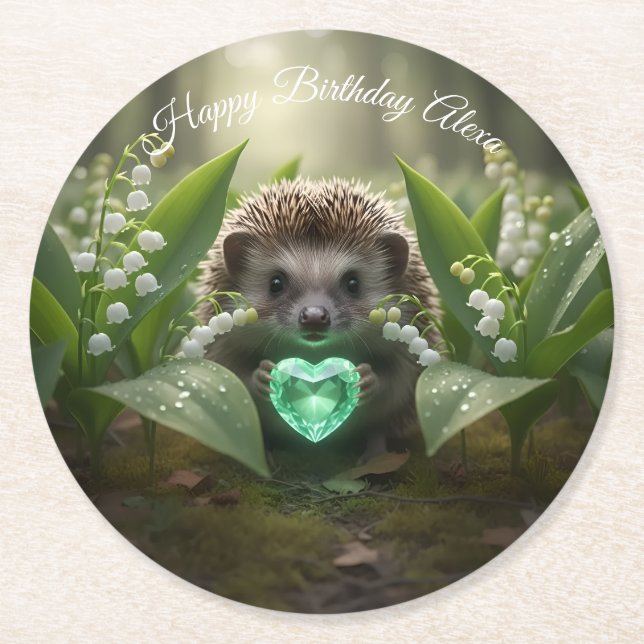 Cute May Hedgehog with Emerald Heart Round Paper Coaster (Front)