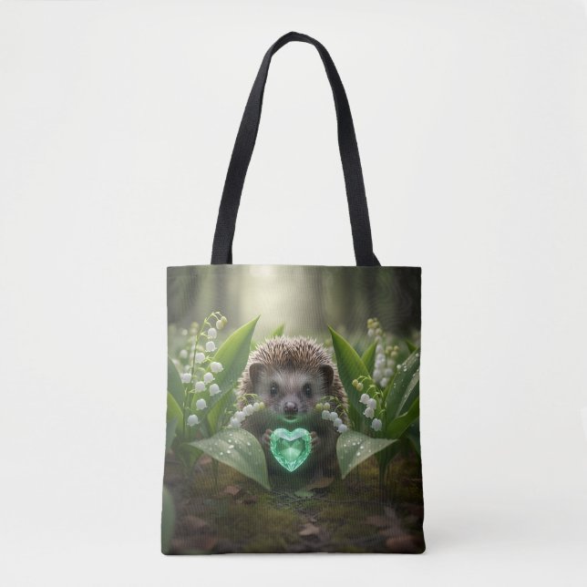 Cute May Hedgehog with Emerald Heart Tote Bag (Front)
