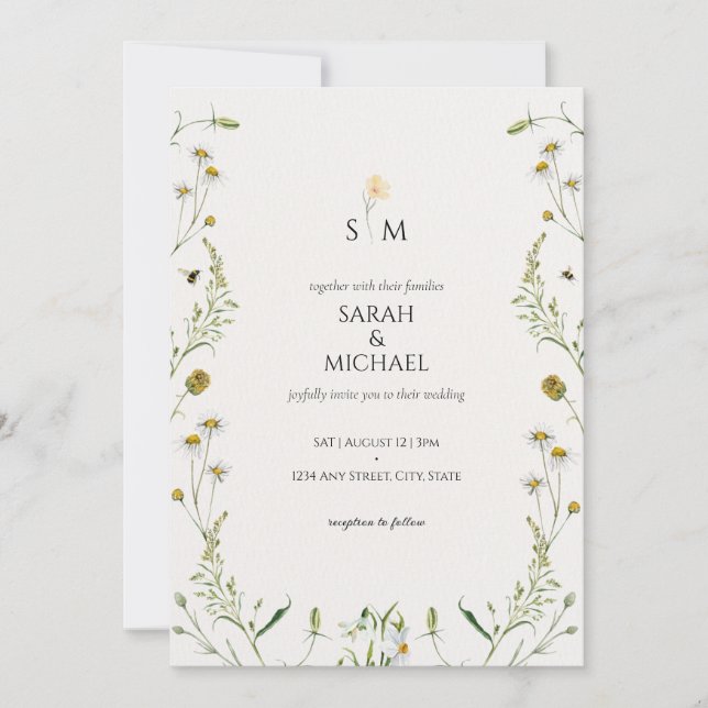 Cute meadow wild flowers bee chamomile wedding  invitation (Front)