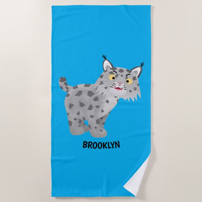 Cute mean bobcat lynx cartoon beach towel (Front)